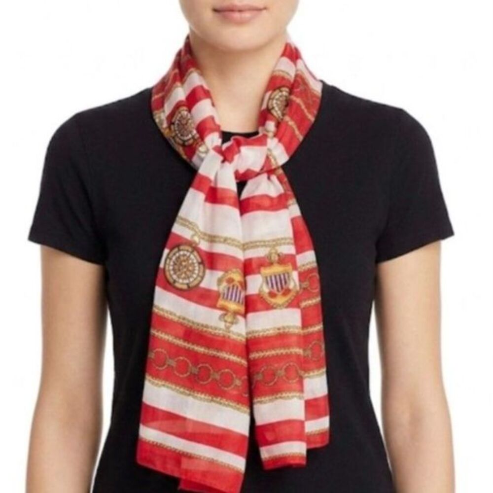 Nautical Made In Italy Red White Stripe Chain Detail Long Rectangular VTG Scarf